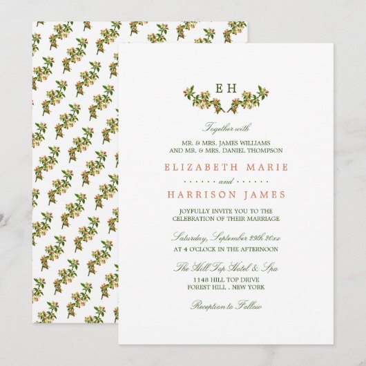 Monogram Apple Branch Wedding Uitnodiging (Voorkant / Achterkant)