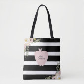 Monogram Apple Name Dusty Floral Black & White Tote Bag (Voorkant)