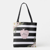 Monogram Apple Name Dusty Floral Black & White Tote Bag (Achterkant)
