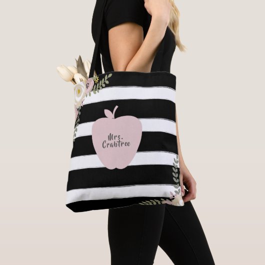 Monogram Apple Name Dusty Floral Black & White Tote Bag (Dichtbij)