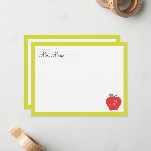 Monogram Apple Teachers Flat Note Card Notitiekaartje (Voorkant / Achterkant in situ)
