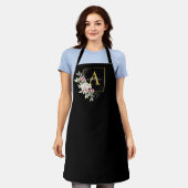Monogram Apron Black en Gold Peony Floral Schort (Gedragen)
