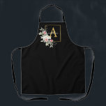 Monogram Apron Black en Gold Peony Floral Schort<br><div class="desc">Dit elegante zwarte schort met waterverf floral bouquet en gouden lijst zou het perfecte cadeau zijn - personaliseer uw initiaal en naam</div>