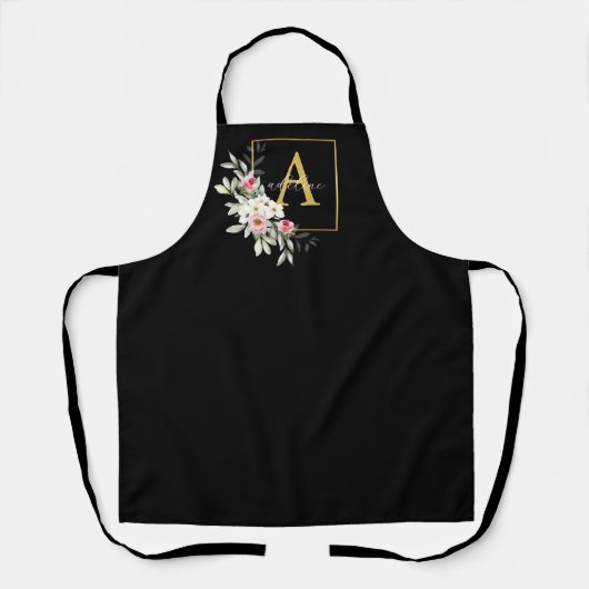 Monogram Apron Black en Gold Peony Floral Schort (Voorkant)