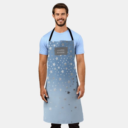 monogram apron : blauwe zilveren sterren schort (Gedragen)