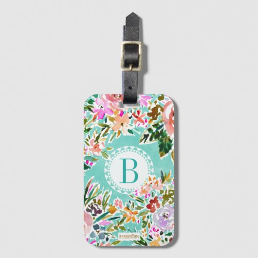 Monogram AQUA BE LOVE Kleurrijke Bloemen Bagagelabel (Voorkant (verticaal))
