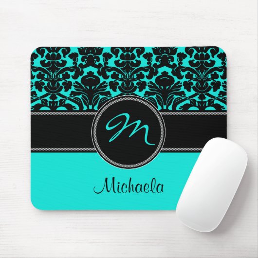 Monogram Aqua Black White Damask Mousepad Muismat (Met muis)