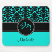 Monogram Aqua Black White Damask Mousepad Muismat (Voorkant)
