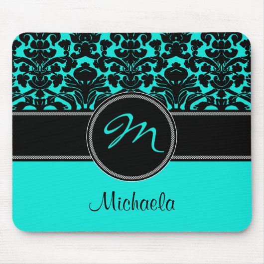 Monogram Aqua Black White Damask Mousepad Muismat (Voorkant)