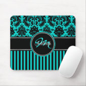 Monogram Aqua Black White Stripe Damask Mousepad Muismat (Met muis)