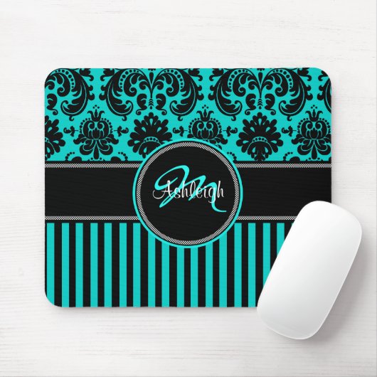 Monogram Aqua Black White Stripe Damask Mousepad Muismat (Met muis)