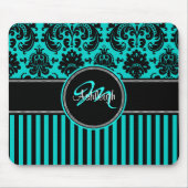 Monogram Aqua Black White Stripe Damask Mousepad Muismat (Voorkant)
