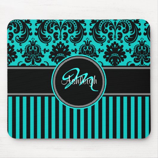 Monogram Aqua Black White Stripe Damask Mousepad Muismat (Voorkant)