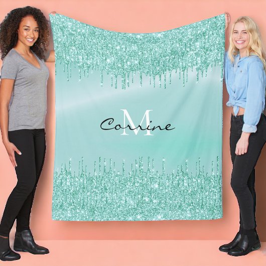 Monogram Aqua Blauw Dripping Glitter Metallic Naam Fleece Deken