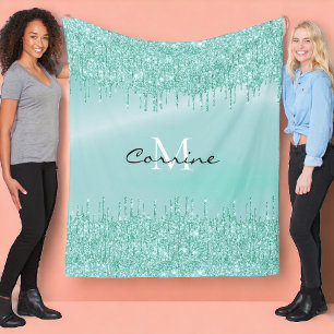 Monogram Aqua Blauw Dripping Glitter Metallic Naam Fleece Deken