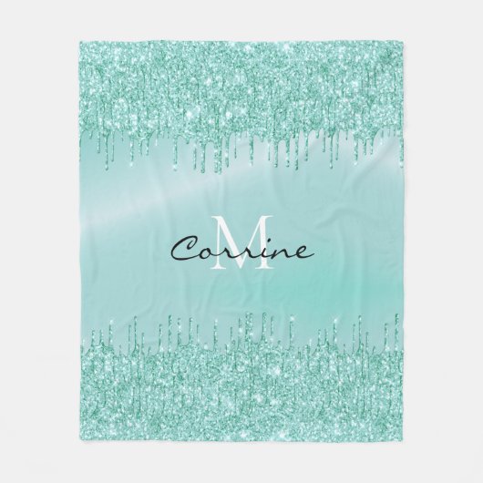 Monogram Aqua Blauw Dripping Glitter Metallic Naam Fleece Deken (Voorkant)
