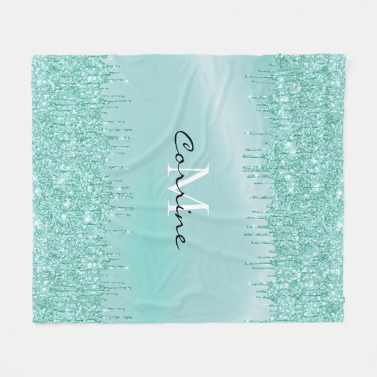 Monogram Aqua Blauw Dripping Glitter Metallic Naam Fleece Deken (Voorkant (Horizontaal))