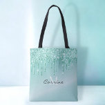 Monogram Aqua Blauw Dripping Glitter Metallic Naam Tote Bag<br><div class="desc">Aangepaste monogram faux glitter gesimuleerde metalen Robins eierblauwe gradiënt herbruikbare Canvas tas gemakkelijk personaliseren door het toevoegen van jouw naam en laatste initiaal voor instant glamour.</div>