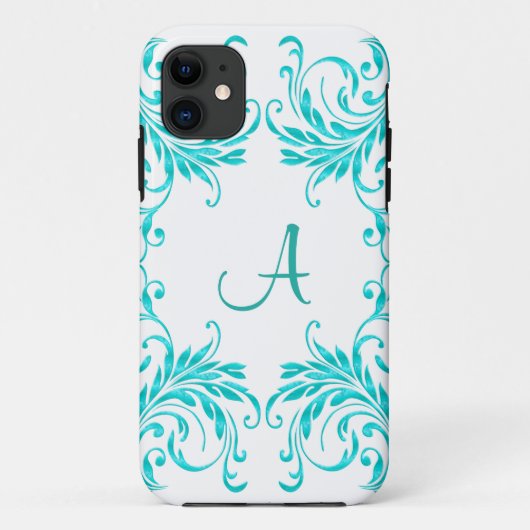 Monogram Aqua Blauwe Damast Case-Mate iPhone Case (Achterkant)