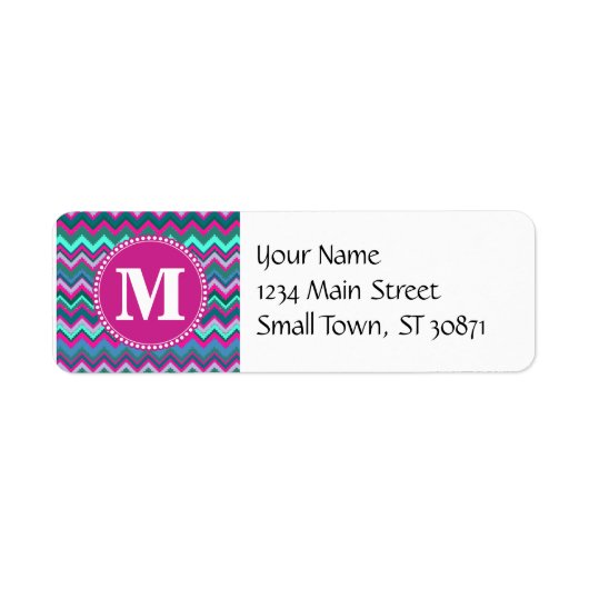 Monogram Aqua Blauwgroen Blauw Roze Tribal Chevron Etiket (Voorkant)