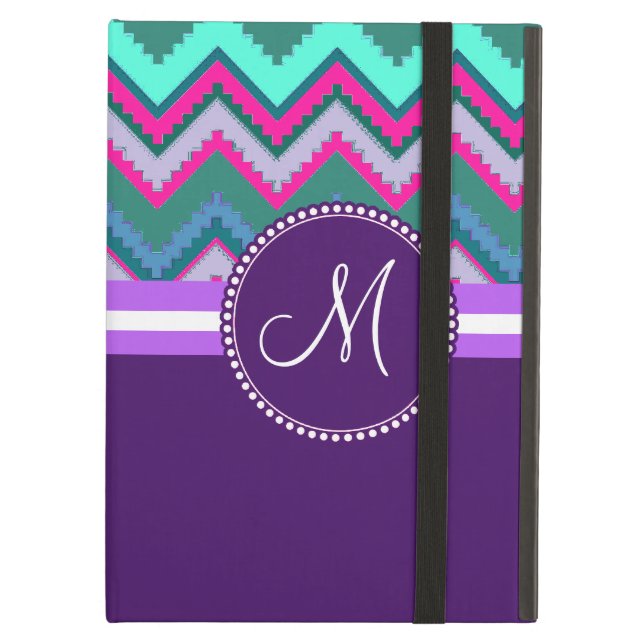 Monogram Aqua Blauwgroen Blauw Roze Tribal Chevron iPad Air Hoesje (Voorkant Gesloten)