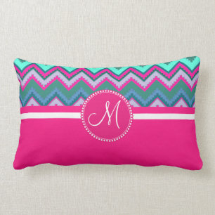 Monogram Aqua Blauwgroen Blauw Roze Tribal Chevron Kussen