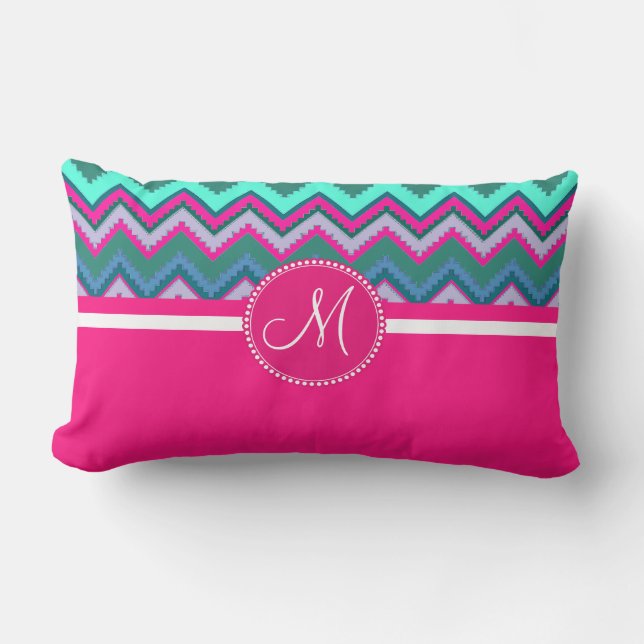 Monogram Aqua Blauwgroen Blauw Roze Tribal Chevron Kussen (Voorkant)
