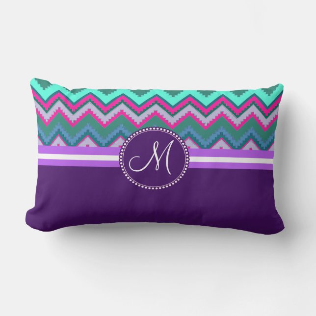 Monogram Aqua Blauwgroen Blauw Roze Tribal Chevron Kussen (Voorkant)