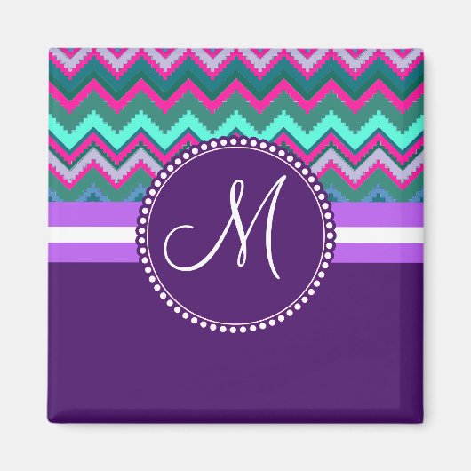 Monogram Aqua Blauwgroen Blauw Roze Tribal Chevron Magneet (Voorkant)