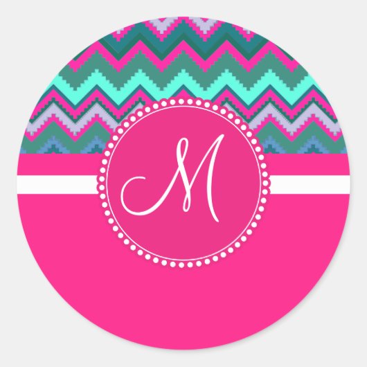 Monogram Aqua Blauwgroen Blauw Roze Tribal Chevron Ronde Sticker (Voorkant)