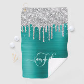 Monogram Aqua Blauwgroen Zilver Dripping Glitter Golfhanddoek (Insitu)