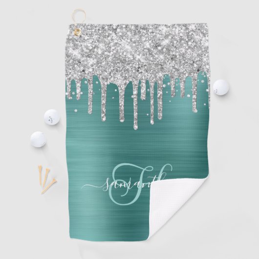 Monogram Aqua Blauwgroen Zilver Dripping Glitter Golfhanddoek (Insitu)