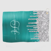 Monogram Aqua Blauwgroen Zilver Dripping Glitter Golfhanddoek (Horizontaal)