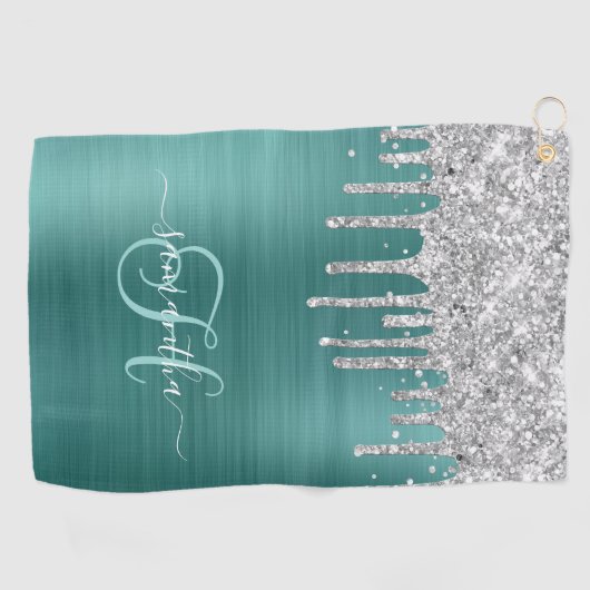 Monogram Aqua Blauwgroen Zilver Dripping Glitter Golfhanddoek (Horizontaal)