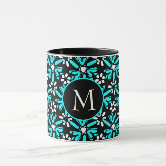 Monogram Aqua Blue & Black Batik Flower Pattern Mok (Midden)
