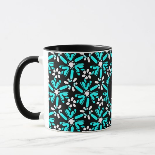Monogram Aqua Blue & Black Batik Flower Pattern Mok (Links)
