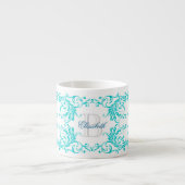 Monogram Aqua Blue Damask Espresso Kop (Voorkant)