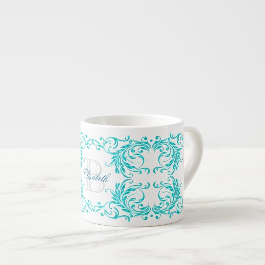 Monogram Aqua Blue Damask Espresso Kop (Voorkant rechts)