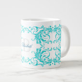 Monogram Aqua Blue Damask Grote Koffiekop (Voorkant rechts)