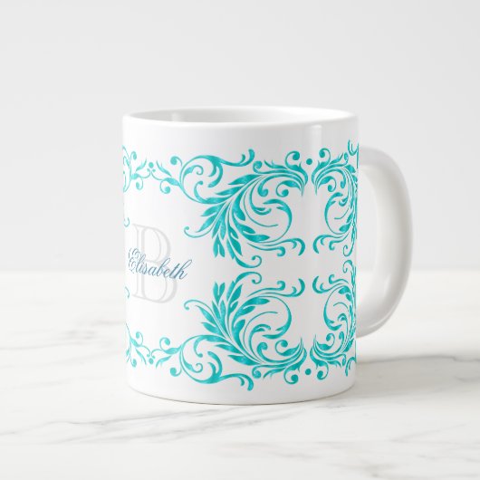Monogram Aqua Blue Damask Grote Koffiekop (Voorkant rechts)