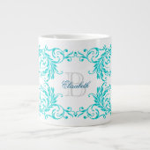 Monogram Aqua Blue Damask Grote Koffiekop (Voorkant)