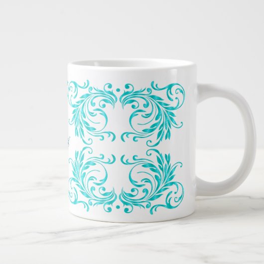 Monogram Aqua Blue Damask Grote Koffiekop (Rechts)