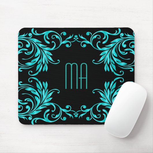 Monogram Aqua Blue Damask Muismat (Met muis)