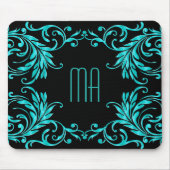 Monogram Aqua Blue Damask Muismat (Voorkant)