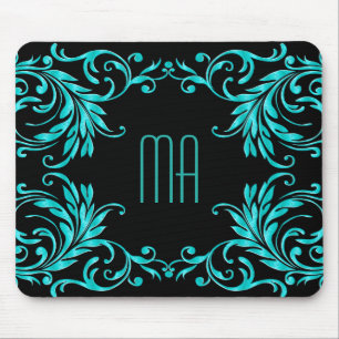 Monogram Aqua Blue Damask Muismat