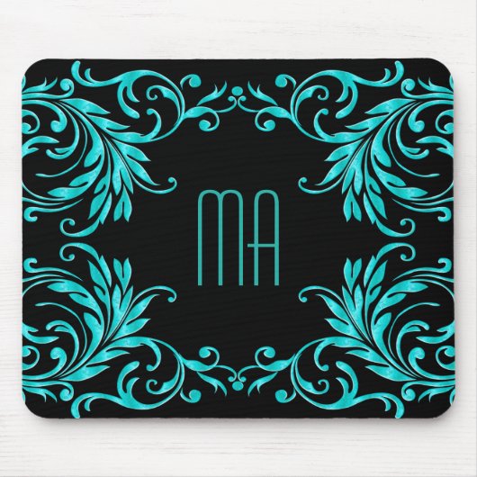 Monogram Aqua Blue Damask Muismat (Voorkant)