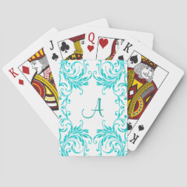 Monogram Aqua Blue Damask op White Pokerkaarten