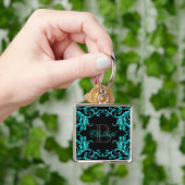 Monogram Aqua Blue Damask Sleutelhanger (Hand)