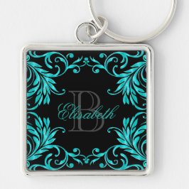Monogram Aqua Blue Damask Sleutelhanger