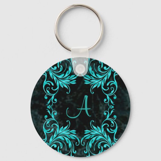 Monogram Aqua Blue Damask Sleutelhanger (Voorkant)